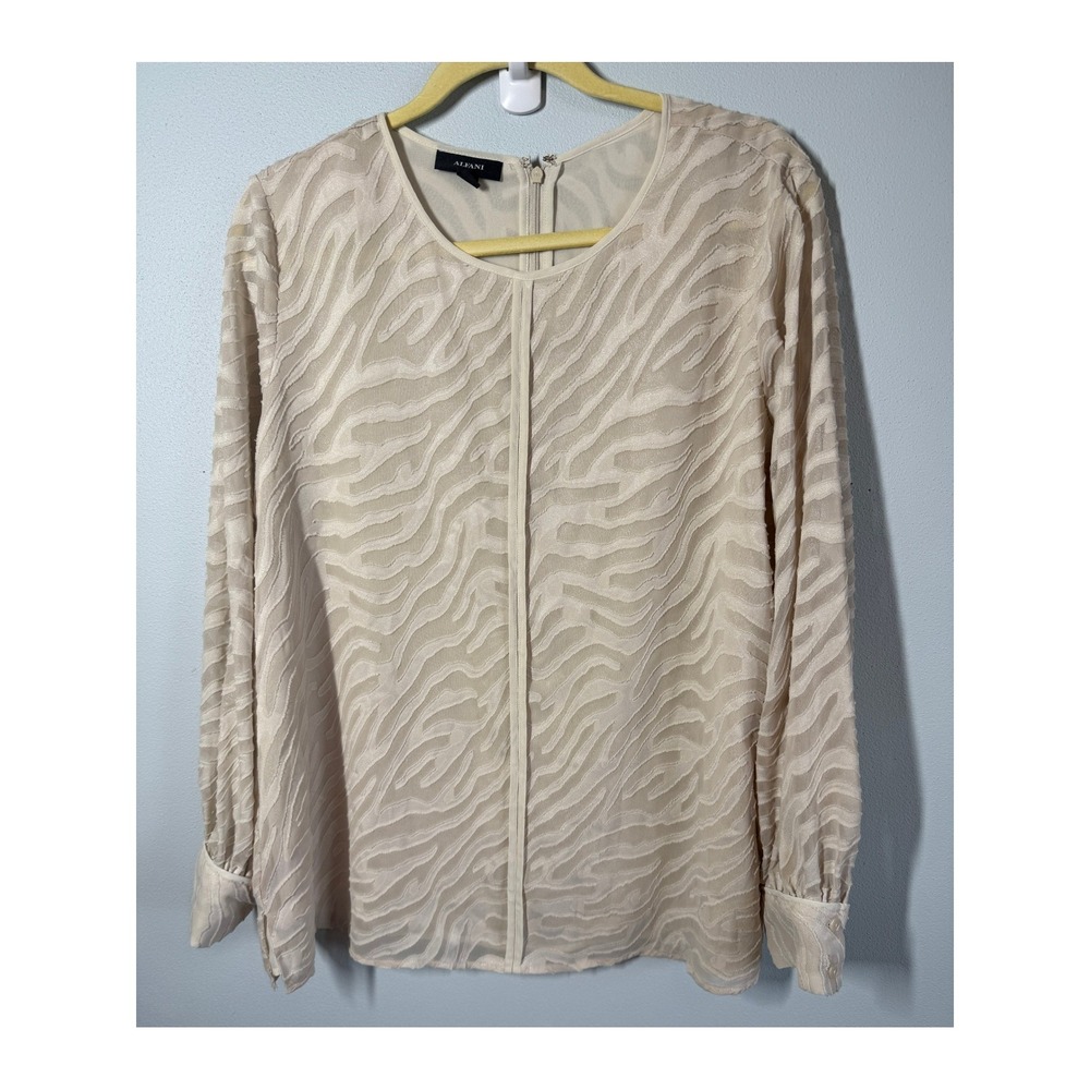 Alfani Womens Blouse Sz L Ivory Zebra Print Burnout GrandmaCore Mob Wife Office
